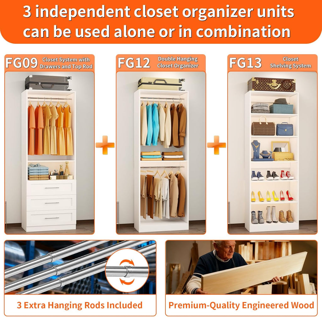 Closet System of 3 Sets, 6-15FT Closet Organizer System Wood with 3 Drawers & 7 Shelves, Walk in Closet Organizer