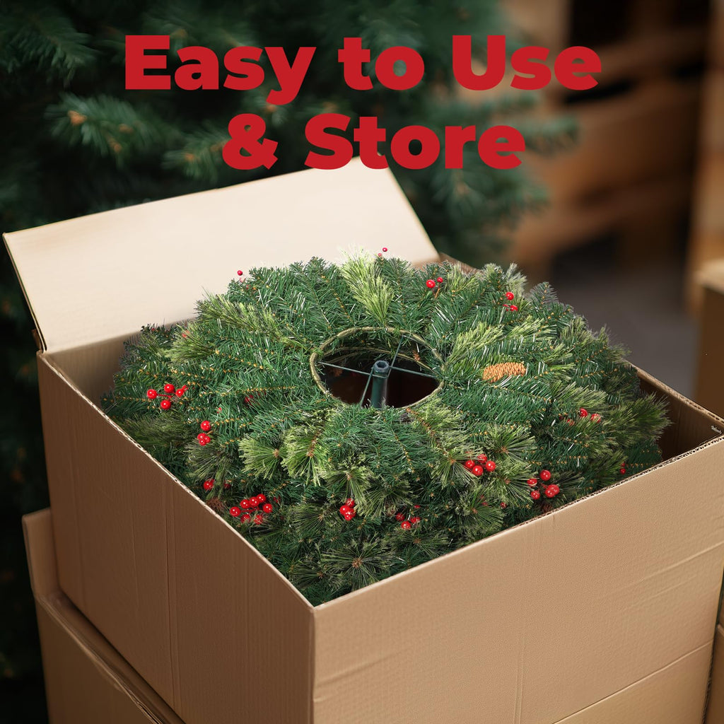6 FT Prelit Pop Up with Lights, Artificial Decorated with Berries and Pine Cones, Tall Foldable Tree with Metal Base