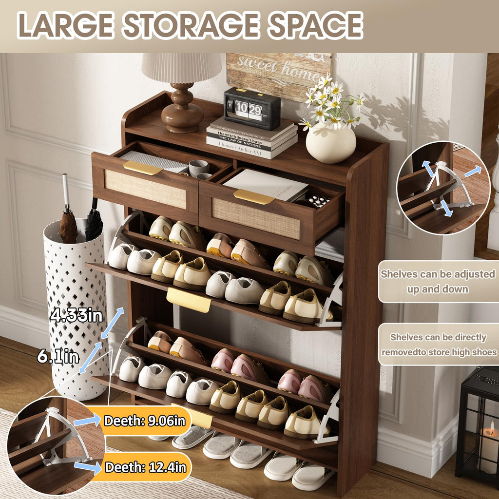 Rattan Shoe Storage Cabinet with 2 Flip Drawers & 2 Drawers, Freestanding Organizer for Front Door Entrance, Hidden