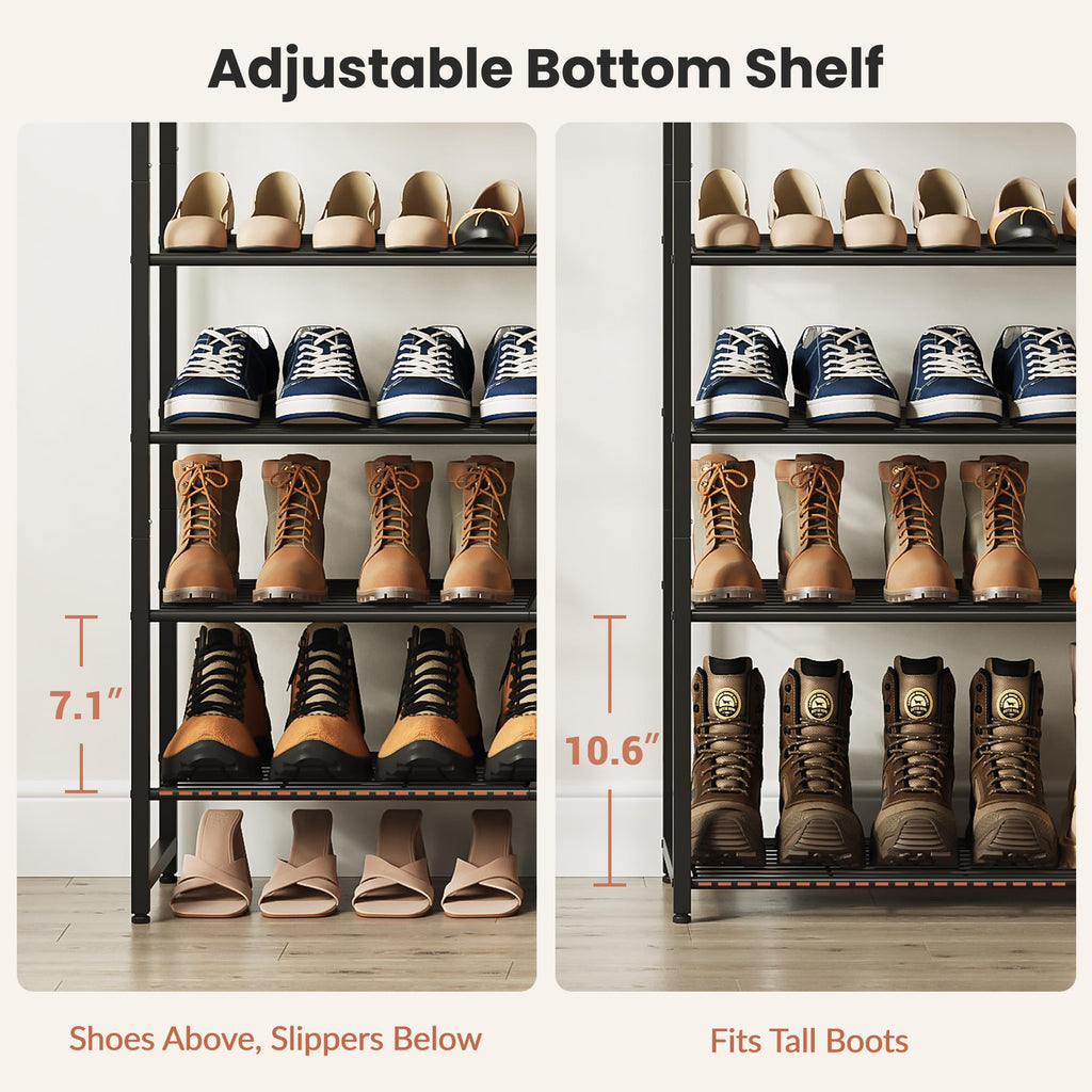 6 Tier Shoe Rack Organizer for 24-30 Pairs, Tall Metal Shoe Storage Shelf with Wood Top, Adjustable Boot Space