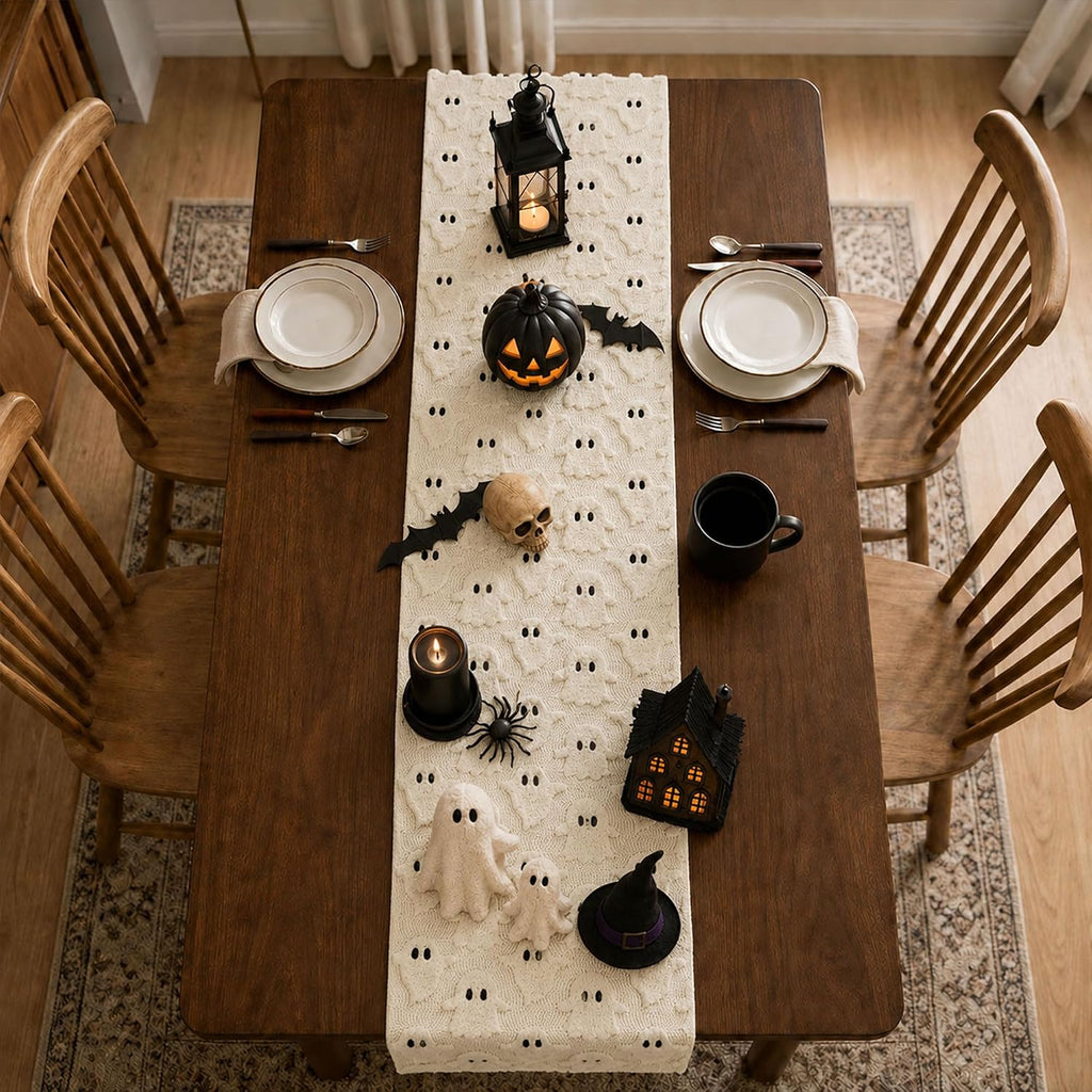 Halloween Table Runner 13x72 Inch Soft Plush Faux Fur Jacquard Beige Ghost Table Runner Holiday Kitchen Dining Table