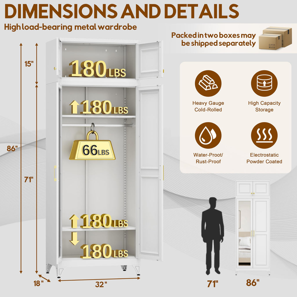 86" Wardrobe Closet, Metal Armoire Wardrobe Cabine with Mirror Door