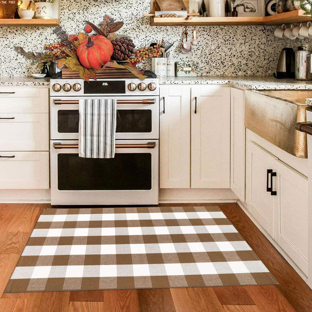 Fall Ourdoor Rug Farmhouse Brown and White Buffalo Check Rug Layered Welcome Door Mat for Front Porch Decor, Front