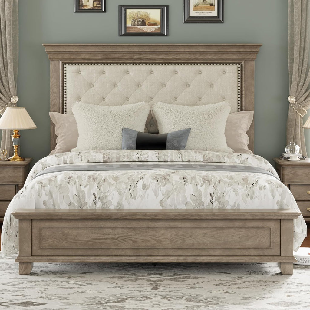Solid Pine Wood Queen Bed Frame with 69" High Upholstered Headboard, Transitional Style Platform Bed, No Box Spring