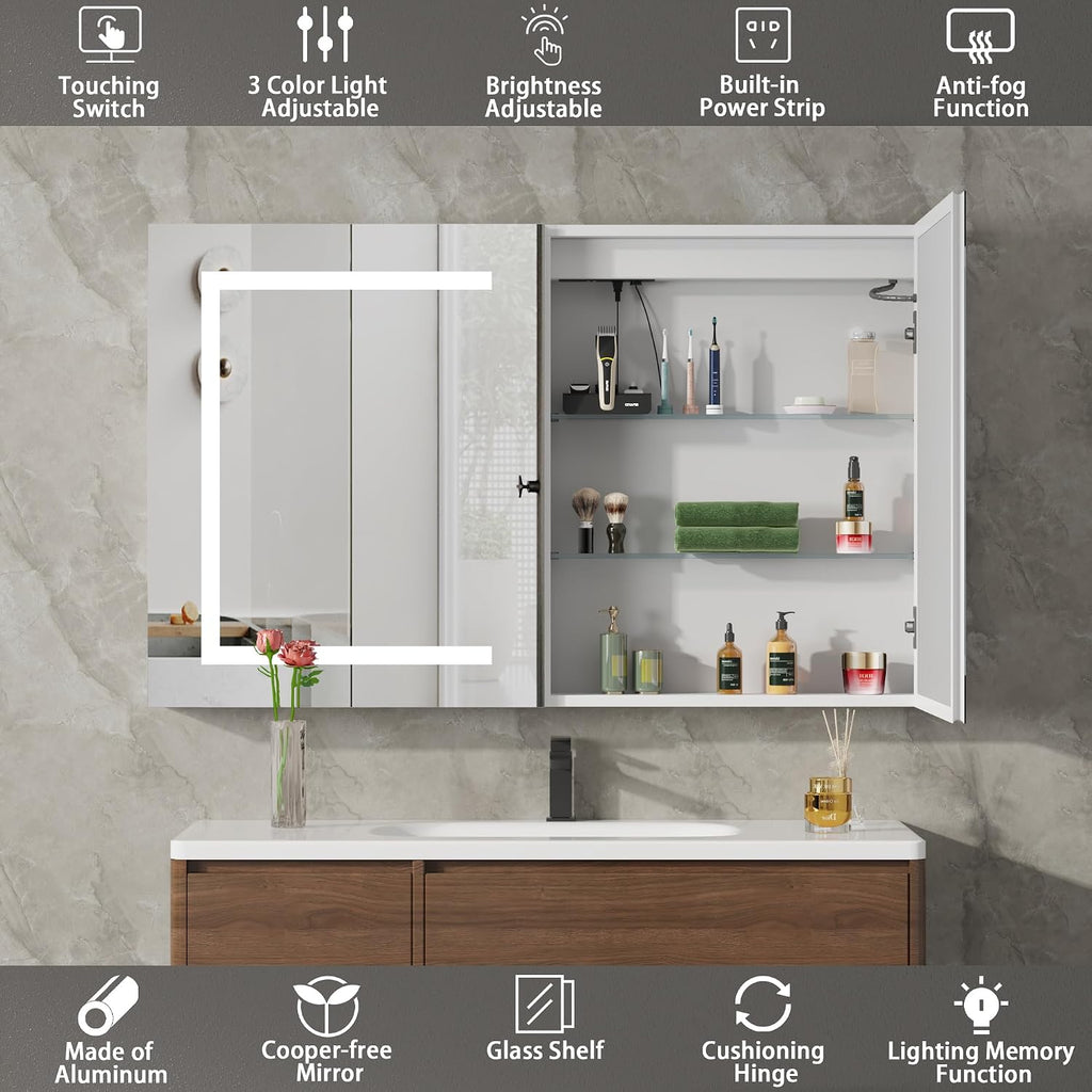 LED Medicine Cabinet with Mirror , Assembly-Free Lighted Medicine Cabinet, Defog, Stepless Dimming, 3 Colors, 2