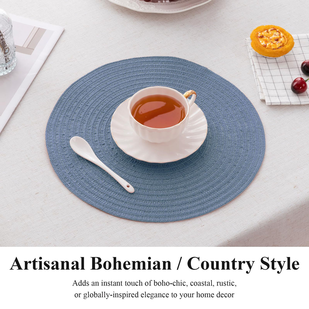13" Round Braided Placemats Set of 6, Dusty Blue Washable Place Mats