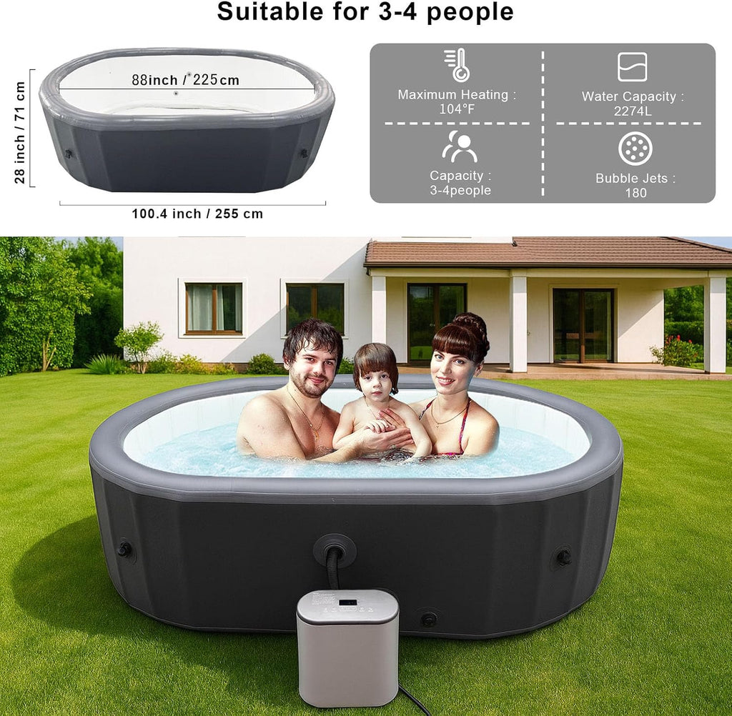Inflatable Oval Hot Tub, 2 Person Spa with 180 Bubble Jets, Heater, Filter, Cover, 100.4" x 88" x 28"