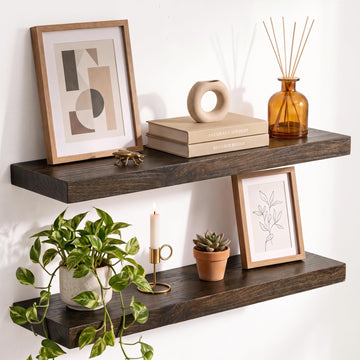 Elm Floating Shelves for Wall - 24 in Rustic Solid Wood Shelves with Heavy-Duty Invisible Bracket, Wall-Mounted