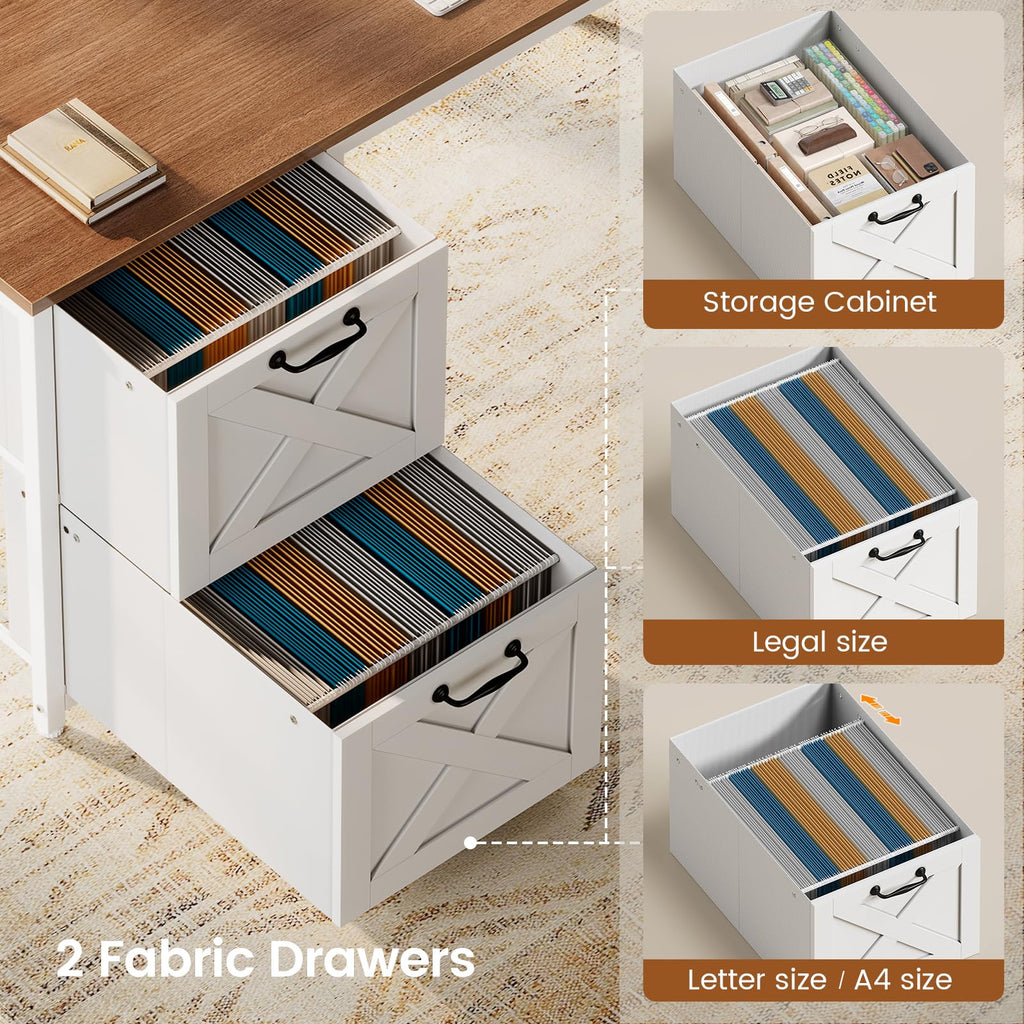 Reversible Farmhouse L Shaped Computer Desk with Drawers, Hutch