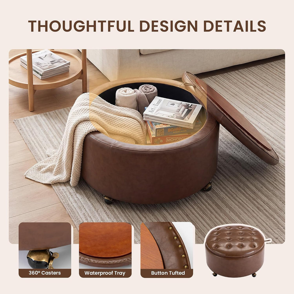 29" Round Storage Ottoman with Reversible Tray, Faux Leather Tufted Coffee Table, Foot Rest Stool with Lockable