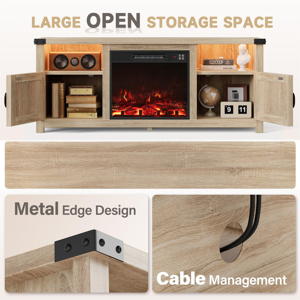 LED Entertainment Center with Fireplace, Light Oak