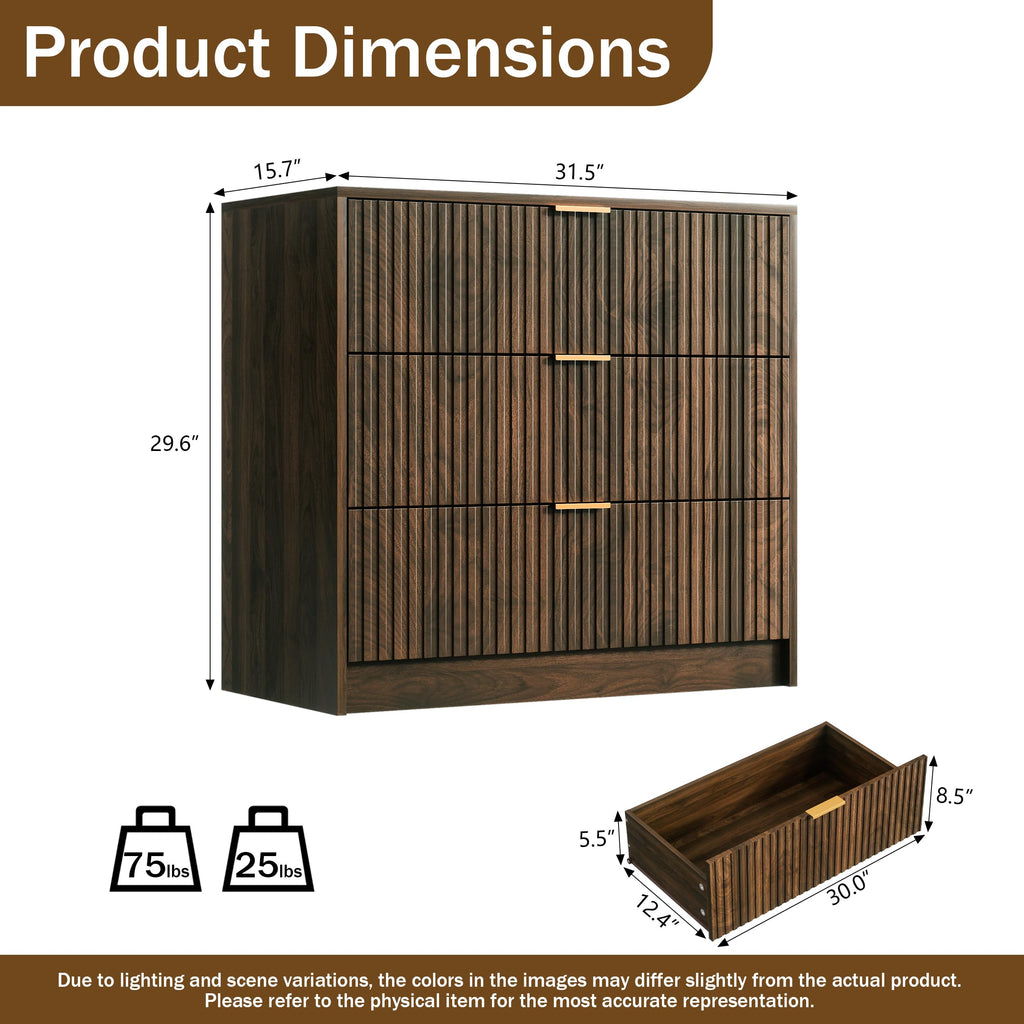 Fluted 3 Drawer Dresser, 31.5" Wide Chest of Drawers, Walnut