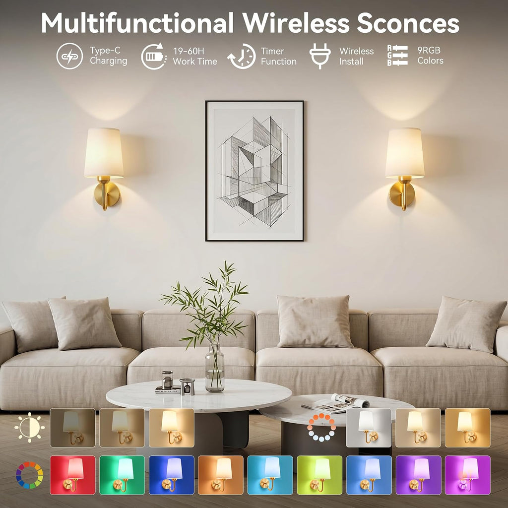 Battery Operated Wall Sconces Set of 2, Wireless Rechargeable Dimmable Wall Light with RGB Bulb and Remote for