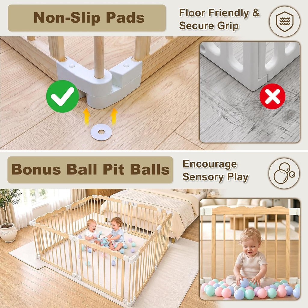 Foldable Wooden Baby Playpen, Pre-Assembled Pine Wood Play Pen, 60x60x24in | Adjustable Shape & Size Large Baby Fence