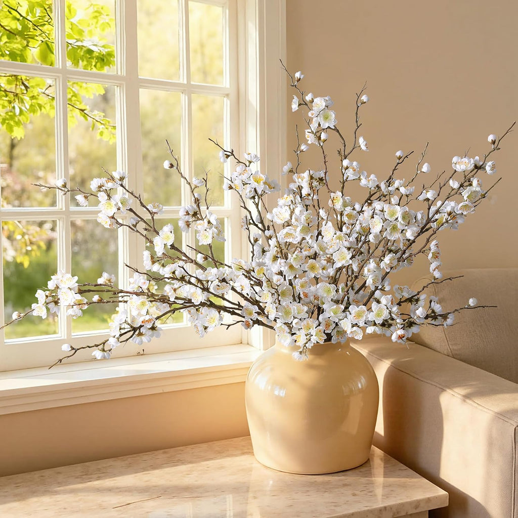 Artificial Cherry Blossom Branches Spring Indoor Decoration, Faux Flowers 34.45" Long Stems Plum Fake Peach - Set of 6