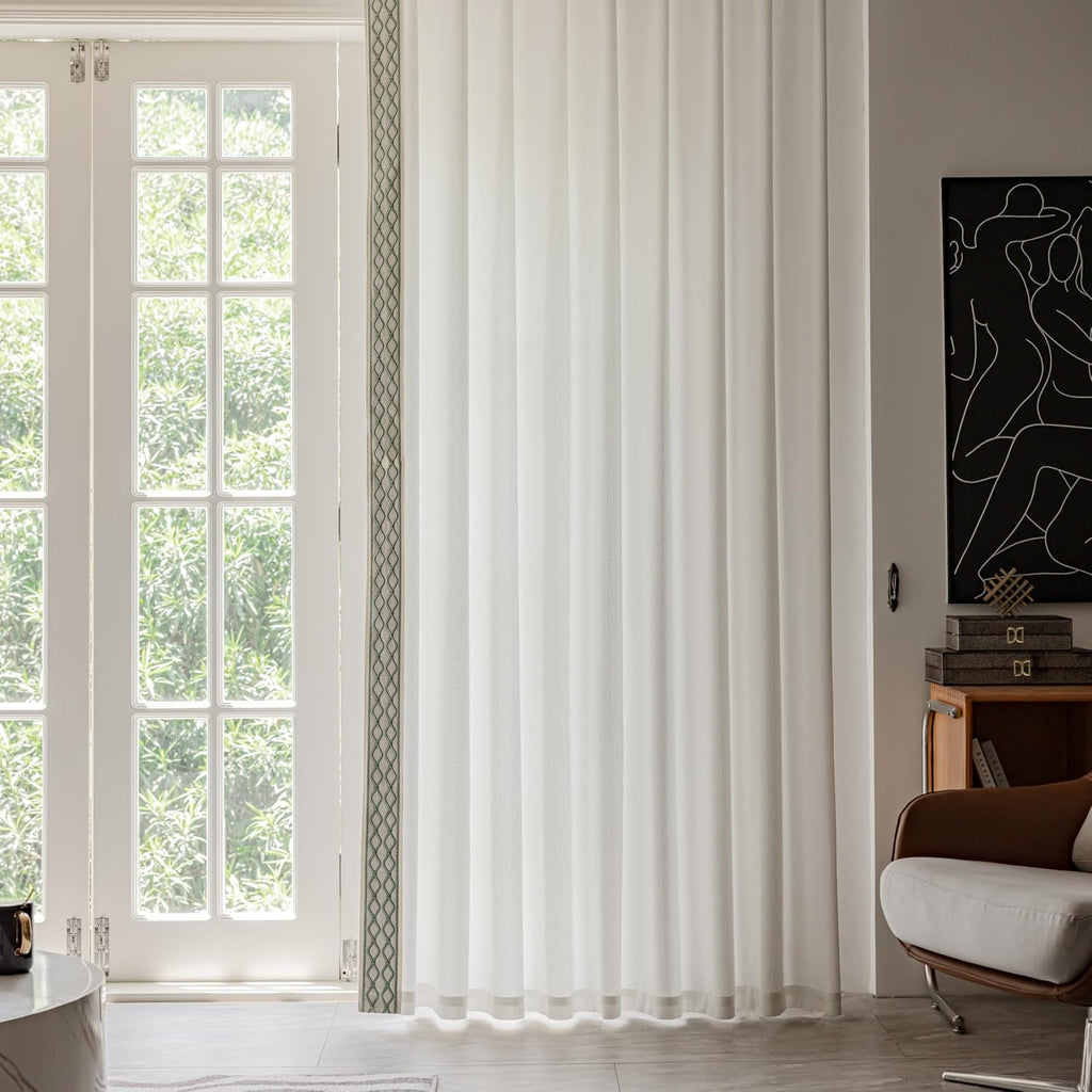 White Colour Linen Curtain Panels with Embroidered Trim Design, Pinch Pleat Curtains, Semi-Sheer Curtains for Sliding