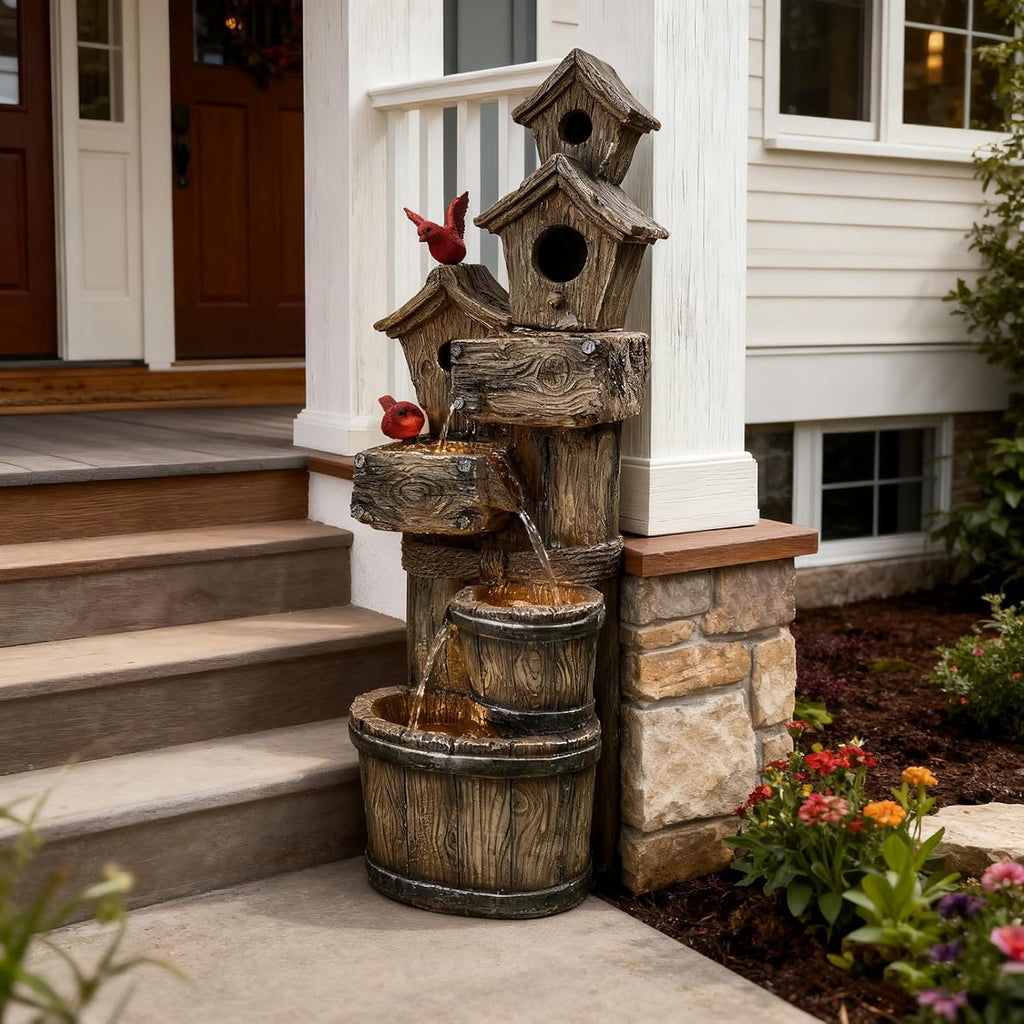 35" Tall Outdoor 4-Tier Birdhouse Floor Standing Water Fountain with LED Lights