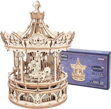 3D Wooden Puzzle Carousel Model Building Kits Rotating 5-Horses Music Box Christmas Birthday Gift for Adults&Teens