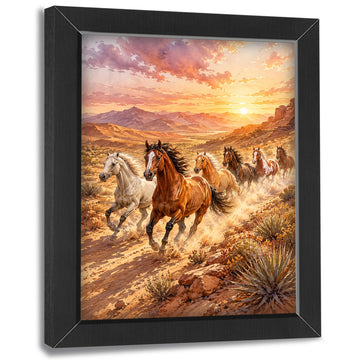 Running Horses Decor Wall Art, Western Sunset Landscape Picture 16"x20"