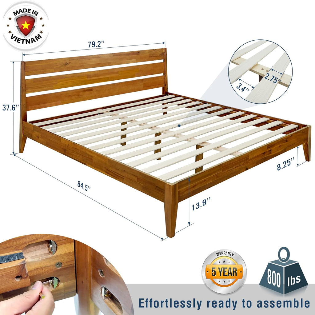 Emery Bed Frame with Headboard Solid Wood Platform Bed, King Size Bed Frame, Mid - Century Modern Wood Bed Compatible