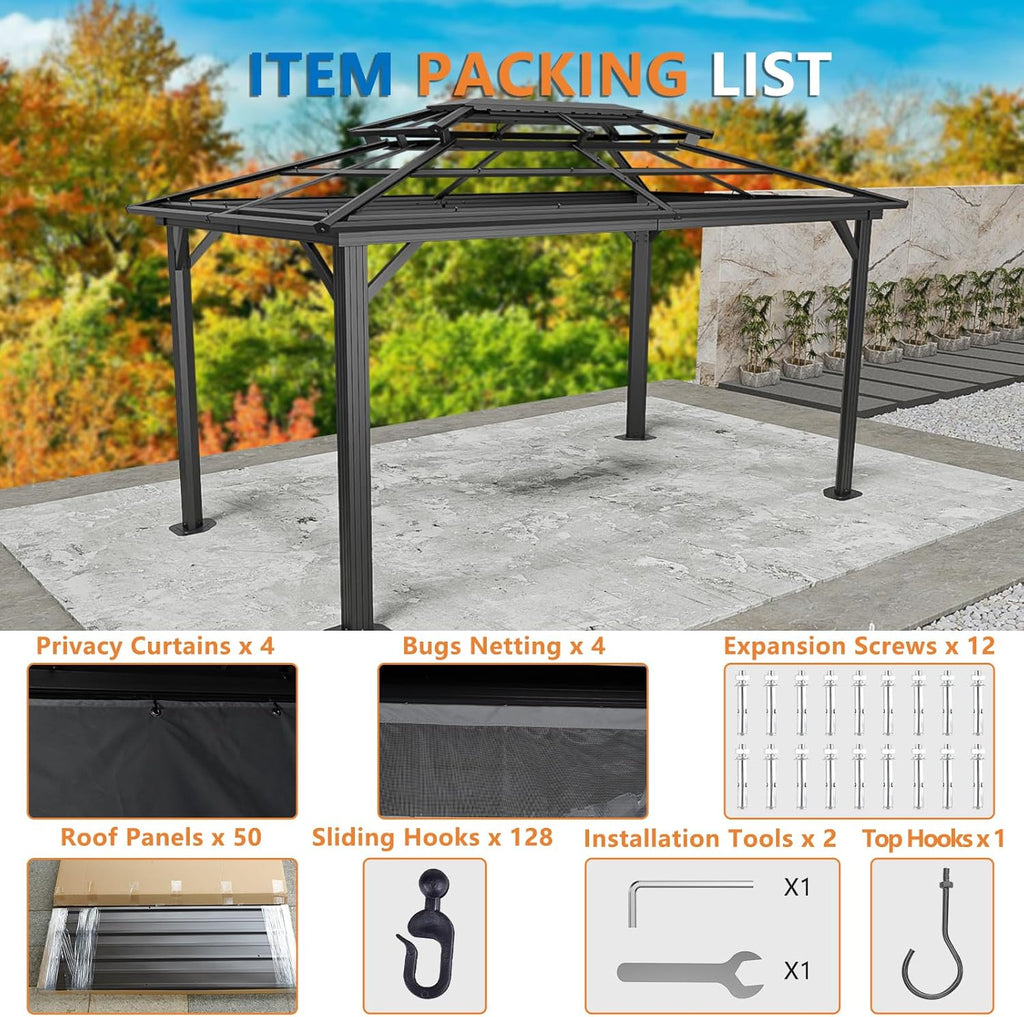 10x15 Hardtop Gazebo On Clearance with Heavy Duty Galvanized Steel Metal Roof - Black