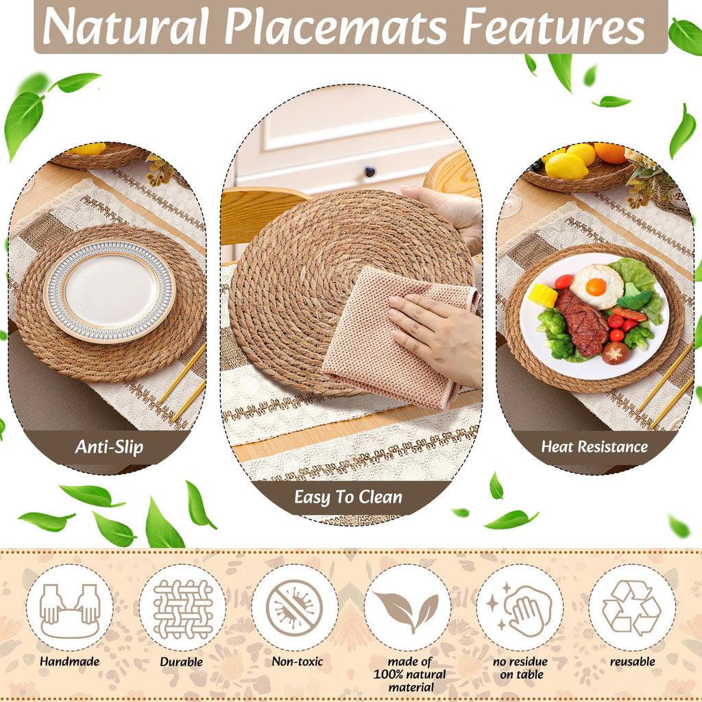 6 Sets Boho Table Runner and Woven Round Placemats Set, Brown, 12x72