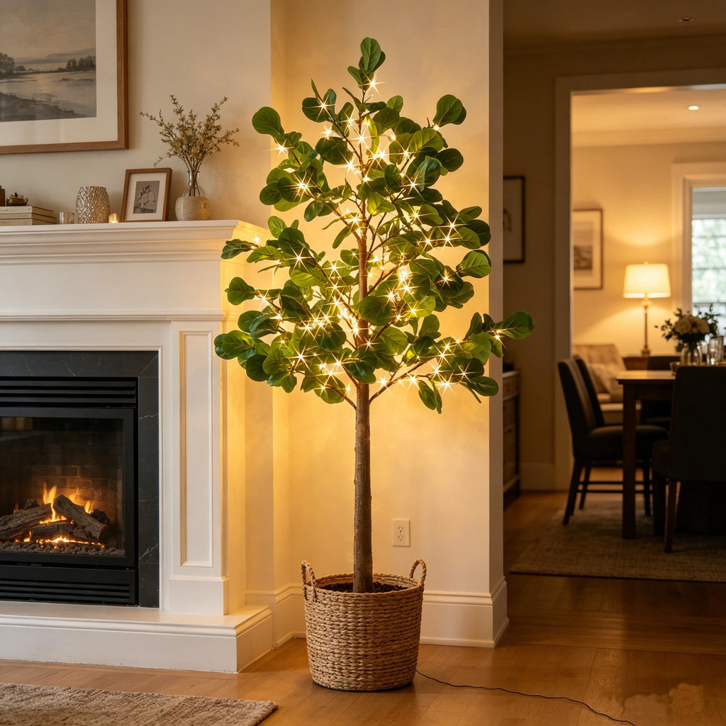 Lighted Artificial Fiddle Leaf Tree 6FT 222 LED Fairy Lights, Artificial Greenery Tree with Lights Fireplace Living