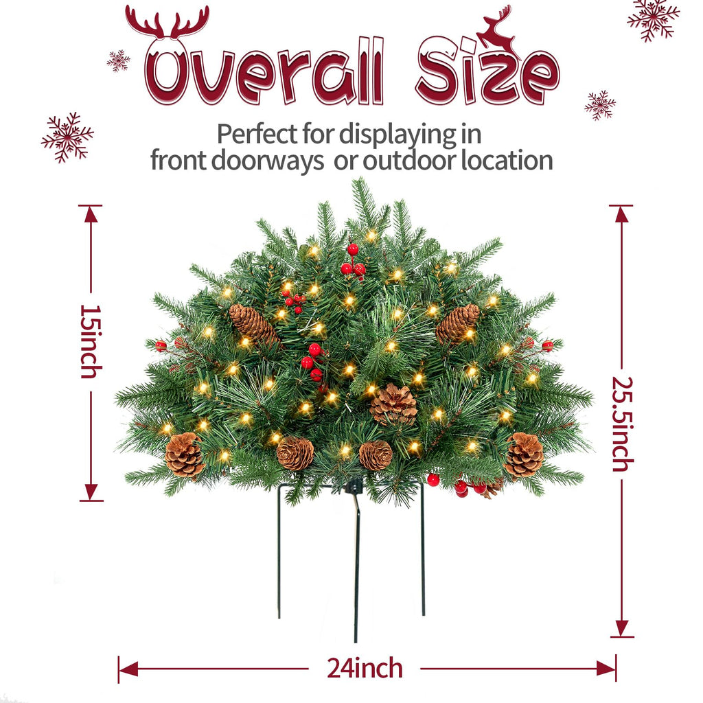 Outdoor Christmas Tree Frosted Urn Filler 2 Set, Pre-lit Artificial Xmas Tree with Cones & Red Berries, Small