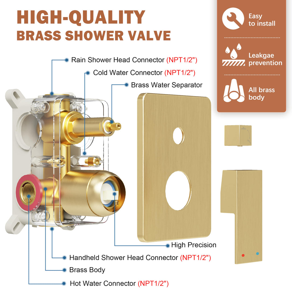 12" Rain Shower System with Handheld & Valve, Brushed Gold
