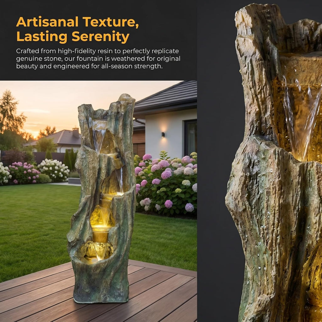 Outdoor Waterfall Fountain 39.4in Tall, Tree Design Garden Fountain with LED Lights