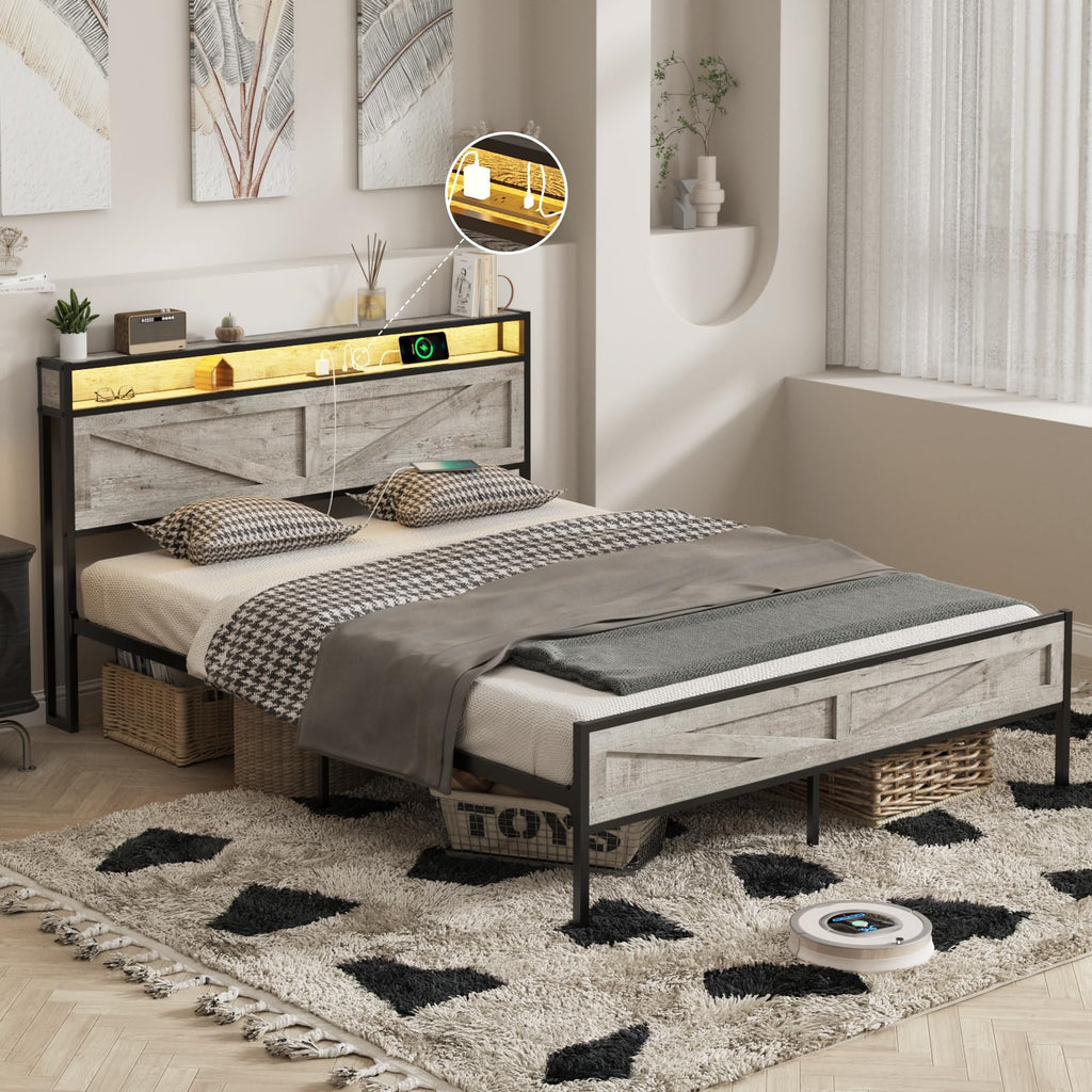 Bed Frame with Charging Station, Platform Metal Bed with Headboard & Led Light, Farmhouse Storage Bed, No