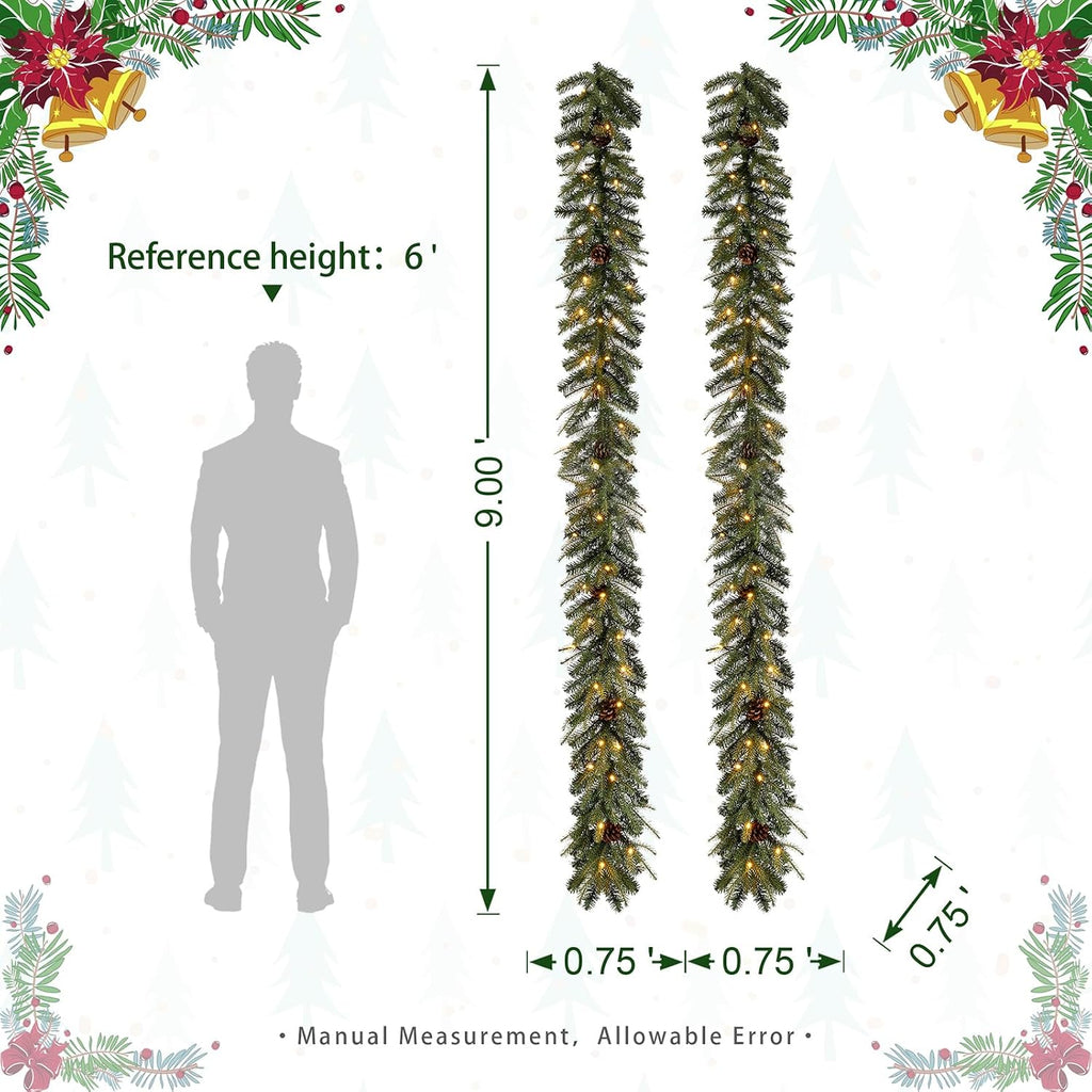 2PCS for Mantle, Prelit Greenery Garland Pine Cone Christmas Garland with Lights and Timer for Fireplace, Dining