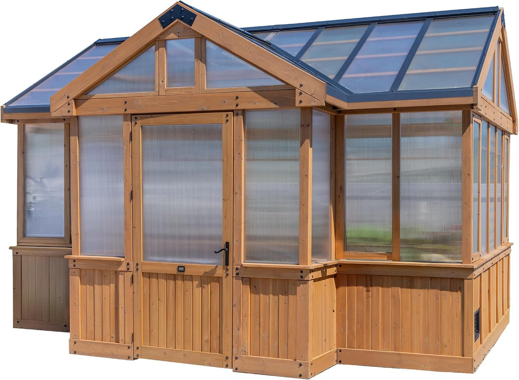 Discovery Savannah Chalet-Style 14.5' x 12' Cedar and Polycarbonate Walk-In Greenhouse Kit with Sink, Exhaust Fans