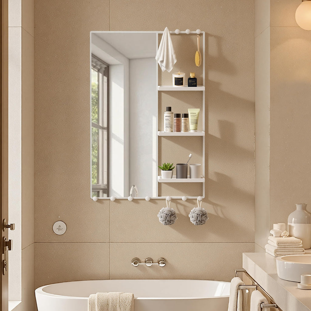 38" X 26" White Wall Mounted Mirror for Wall, Full Length Mirror with Shelf and Hooks, Large Wall Mirror with 3 Trays