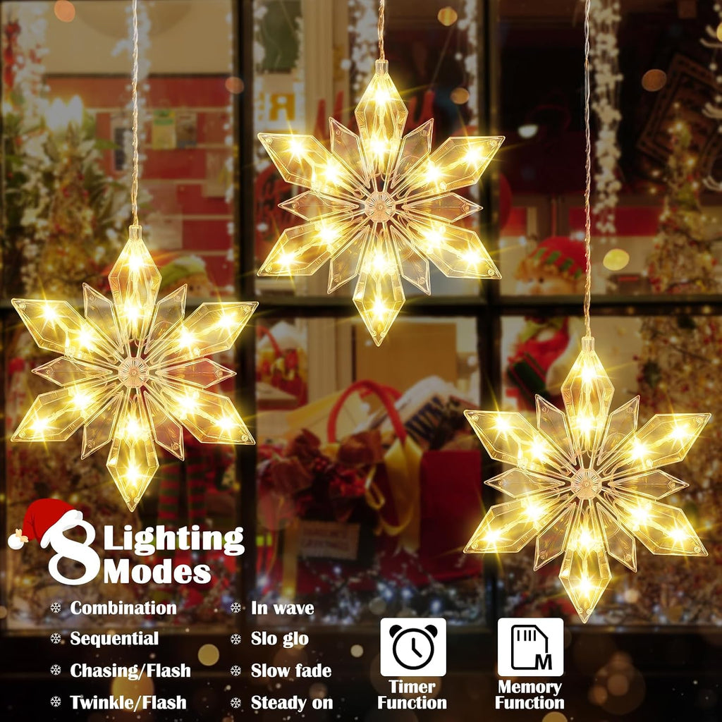 Christmas Snowflake Window Lights, 3Pack Diamond-Star Decor, 36 LEDs