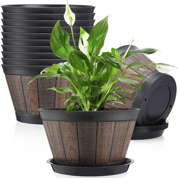 10 Pack 9.8 Inch Whiskey Barrel Planter Flower Pot Plant Pots with Drainage Holes and Saucers Garden Planter