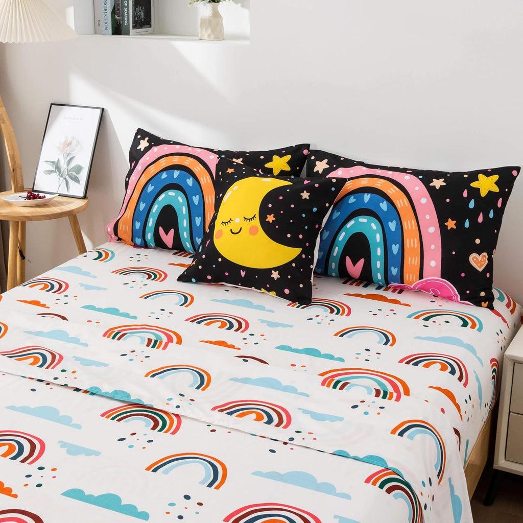 5 Piece Black Rainbow Comforter Set for Girls Boys Kids, Cartoon Cute Moon Stars Bedding Set, Bed in a Bag with