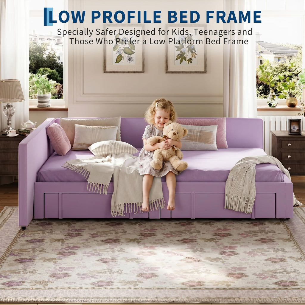 Twin Daybed with 2 Storage Drawers, Corner Bed Frame with Extended Headboard and Bed Rails, Velvet Upholstered Sofa