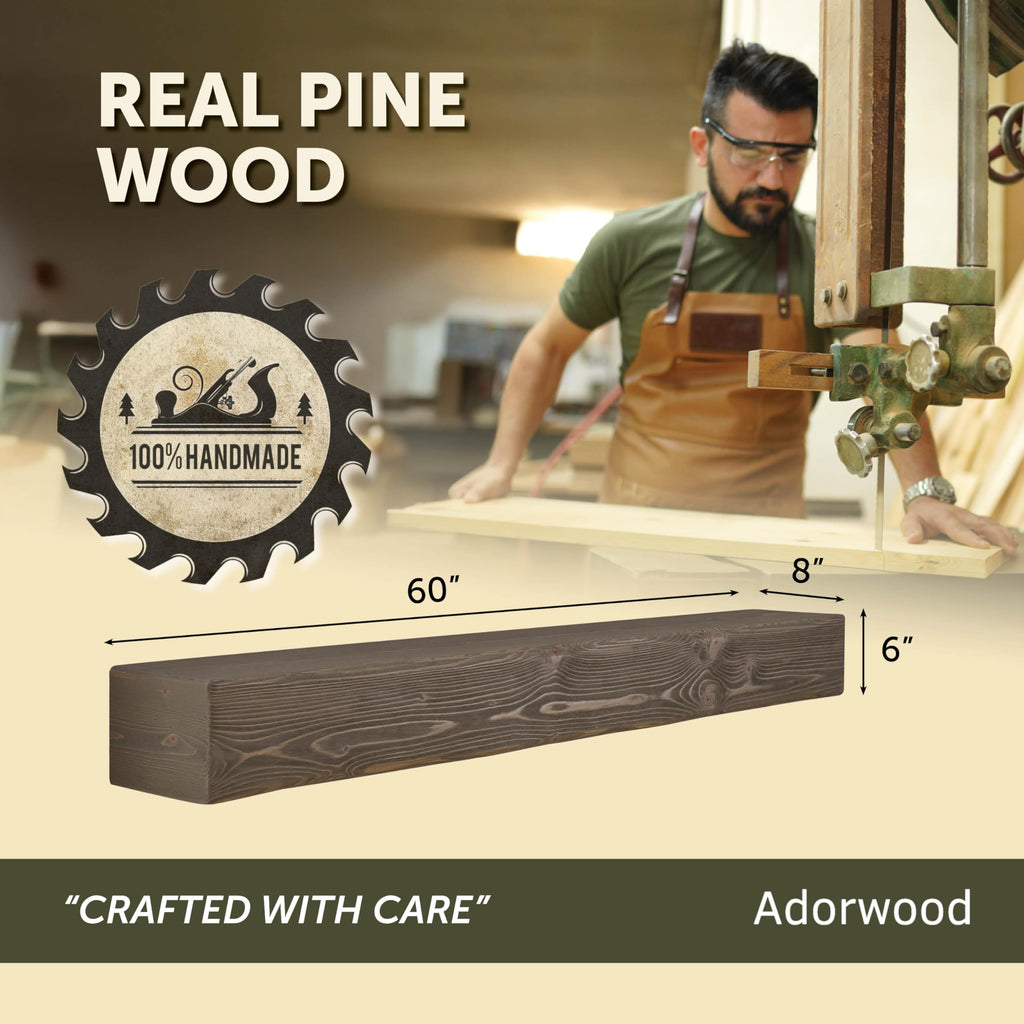 Handmade Rustic 60 Inch Fireplace Mantel Shelf, Smoke Gray 8Dx6H