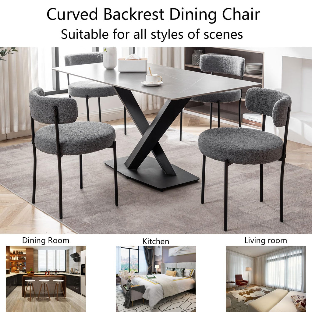 Grey Boucle Set of 6, Upholstered Dining Room Chairs with Black Metal Legs, Modern Dining Chair