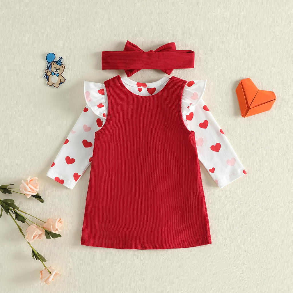 My First Valentines Day Baby Girl Outfit Ruffle Long Sleeve Romper Love Heart Overall Dress Headband Cute Clothes