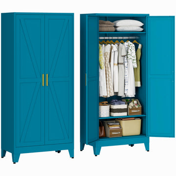 71" Metal Wardrobe Closet Clothing Storage Cabinet with Hanging Rod