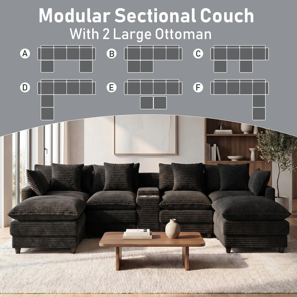 143" Oversized U-Shaped Cloud Sectional Sofa, Black