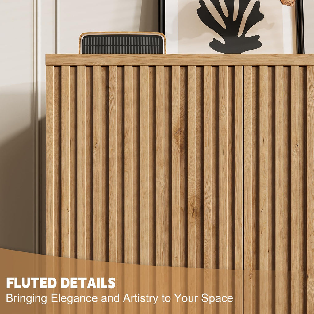 126" Fluted Sideboard Cabinet with Storage, Buffet Credenza, Oak