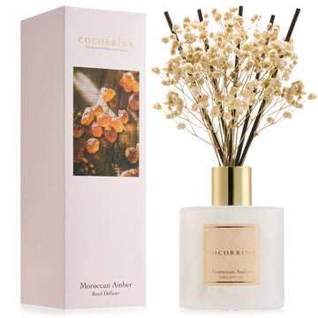 Reed Diffuser - Moroccan Amber 6.7 Fl.oz Reed Diffuser Set with Sticks & Preserved Baby's Breath, Reed Diffuser