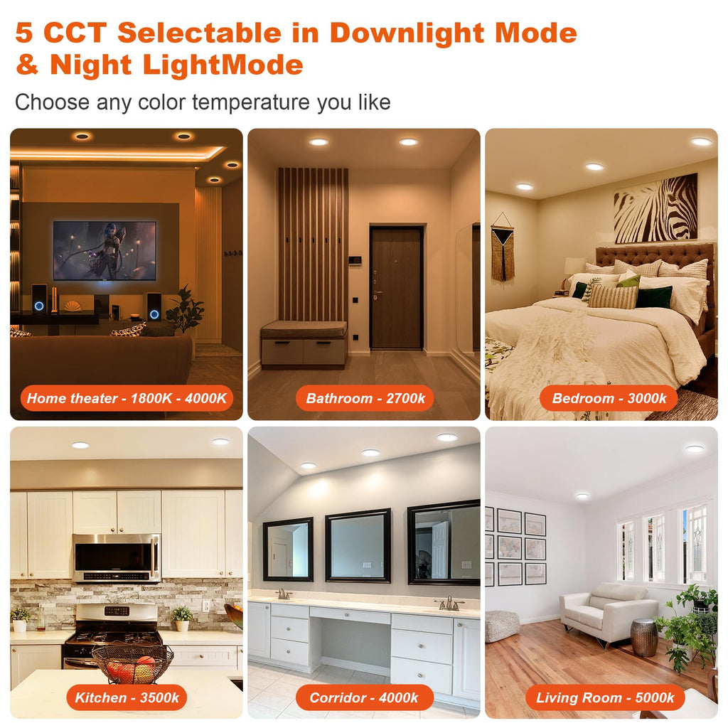 Canless LED Recessed Lighting 4 Inch 6 Pack 5CCT Ultra-Thin Downlight Lights with Night Light Mode,9W 800LM Dimmable