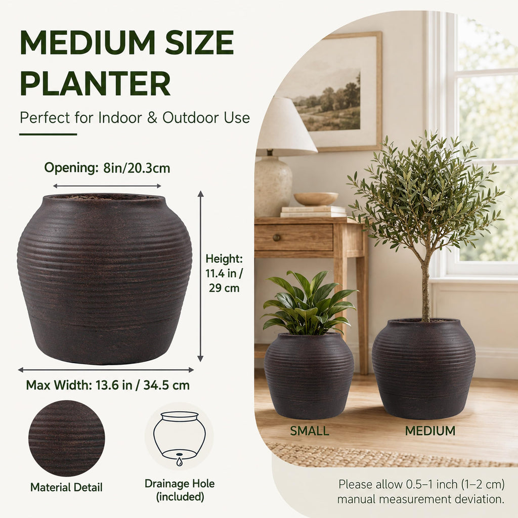 12" H x 14" Dia Vintage Black Fiberstone Planter Pot with Drainage Hole, Decorative Flower Pot plants, Small Trees &