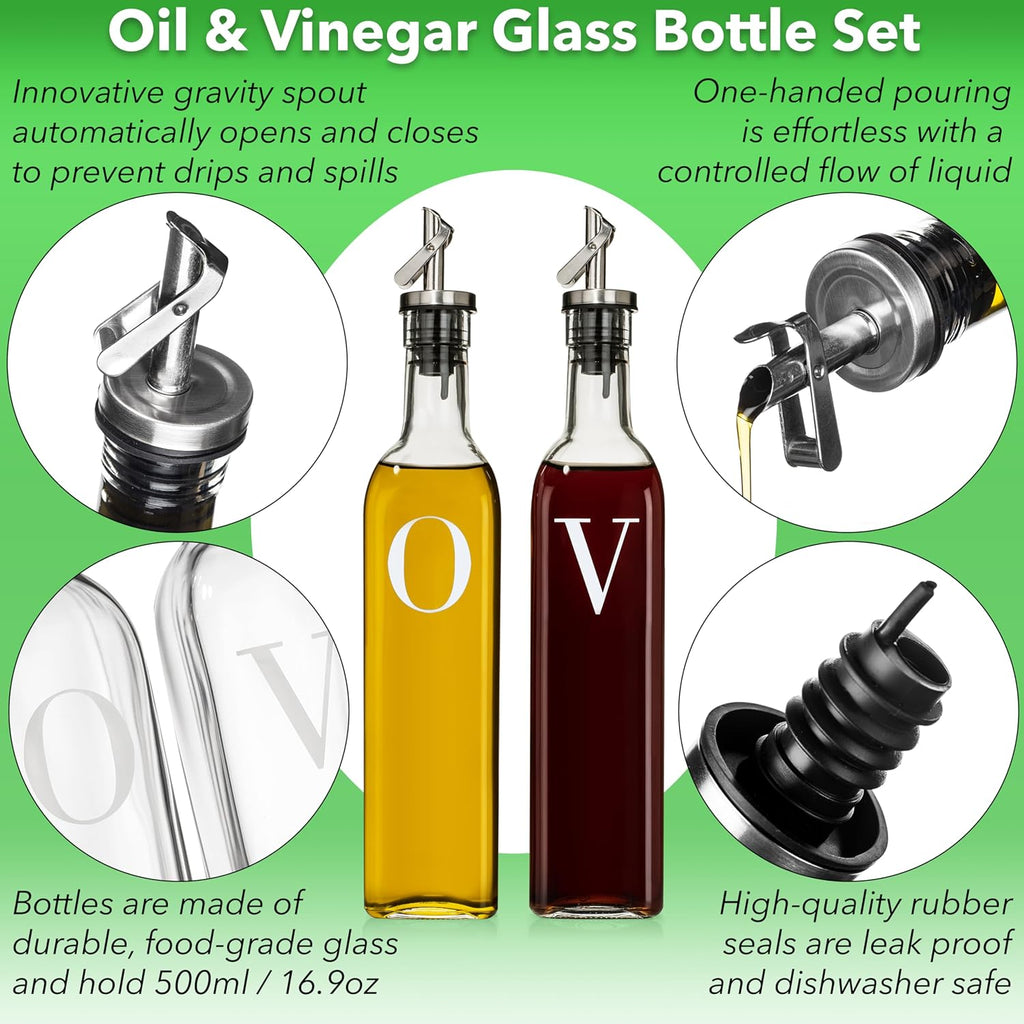Olive Oil and Vinegar Dispenser Set - 17 oz. Glass Bottles with No-Drip BPA-Free Spouts - Stylish O and V Identifiers - Set of 2