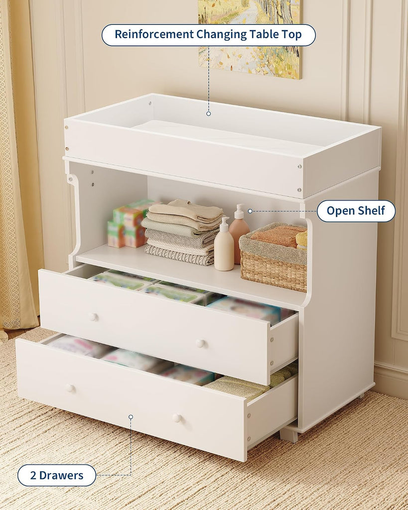 Baby Changing Table with Drawer and Storage Shelves | Heavy Duty Diaper Station , White Wooden Changing Table with