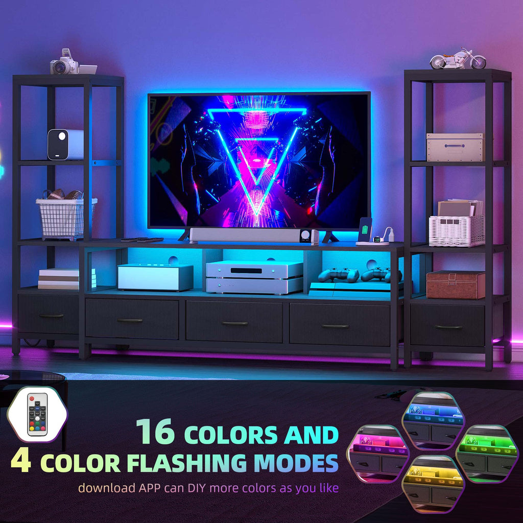 Industrial LED TV Stand for 65 Inch TVs, Bookshelves, Black